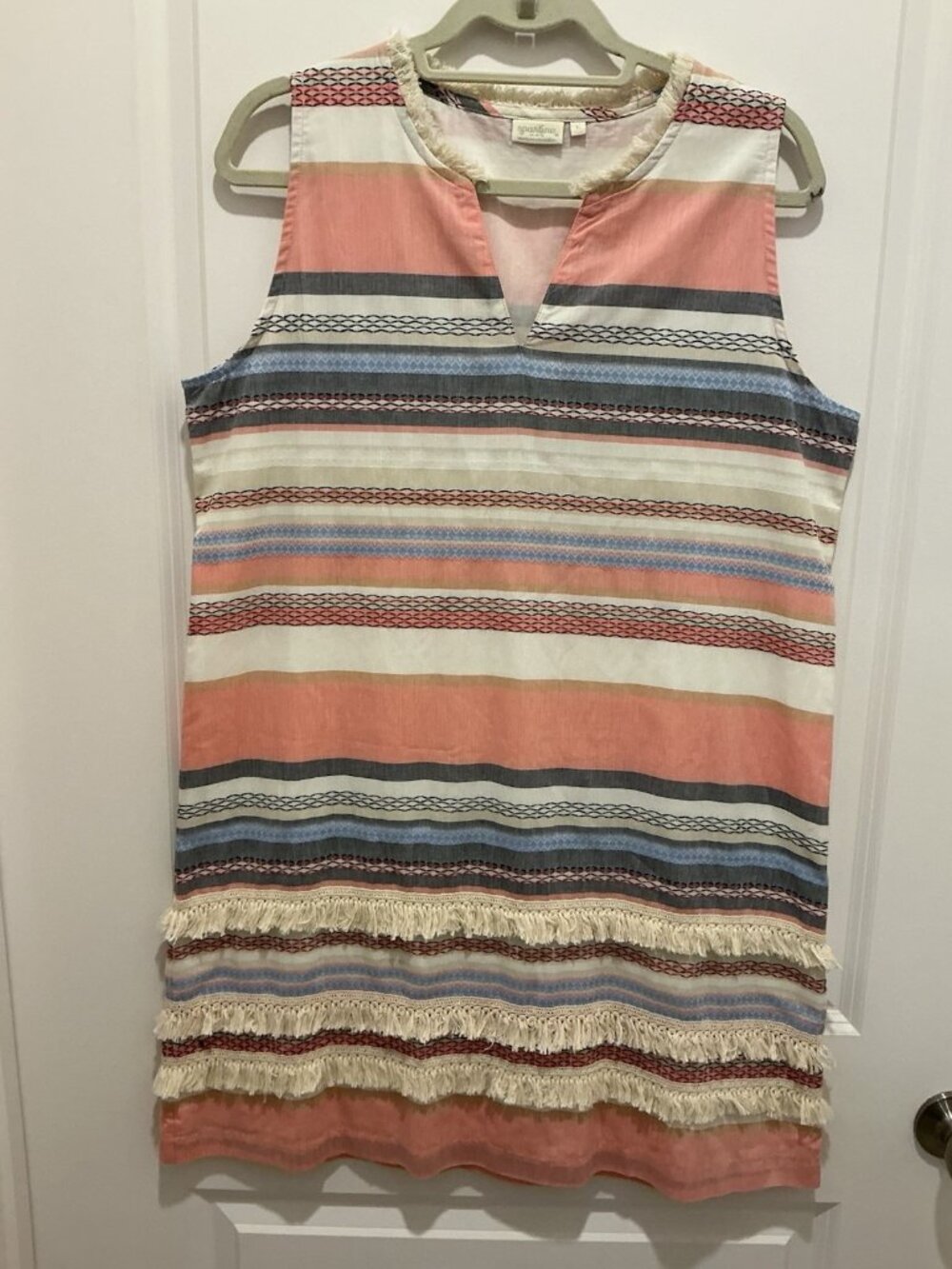 Spartina Dress Size Large Striped VNeck Fringe Embroidery Sleeveless